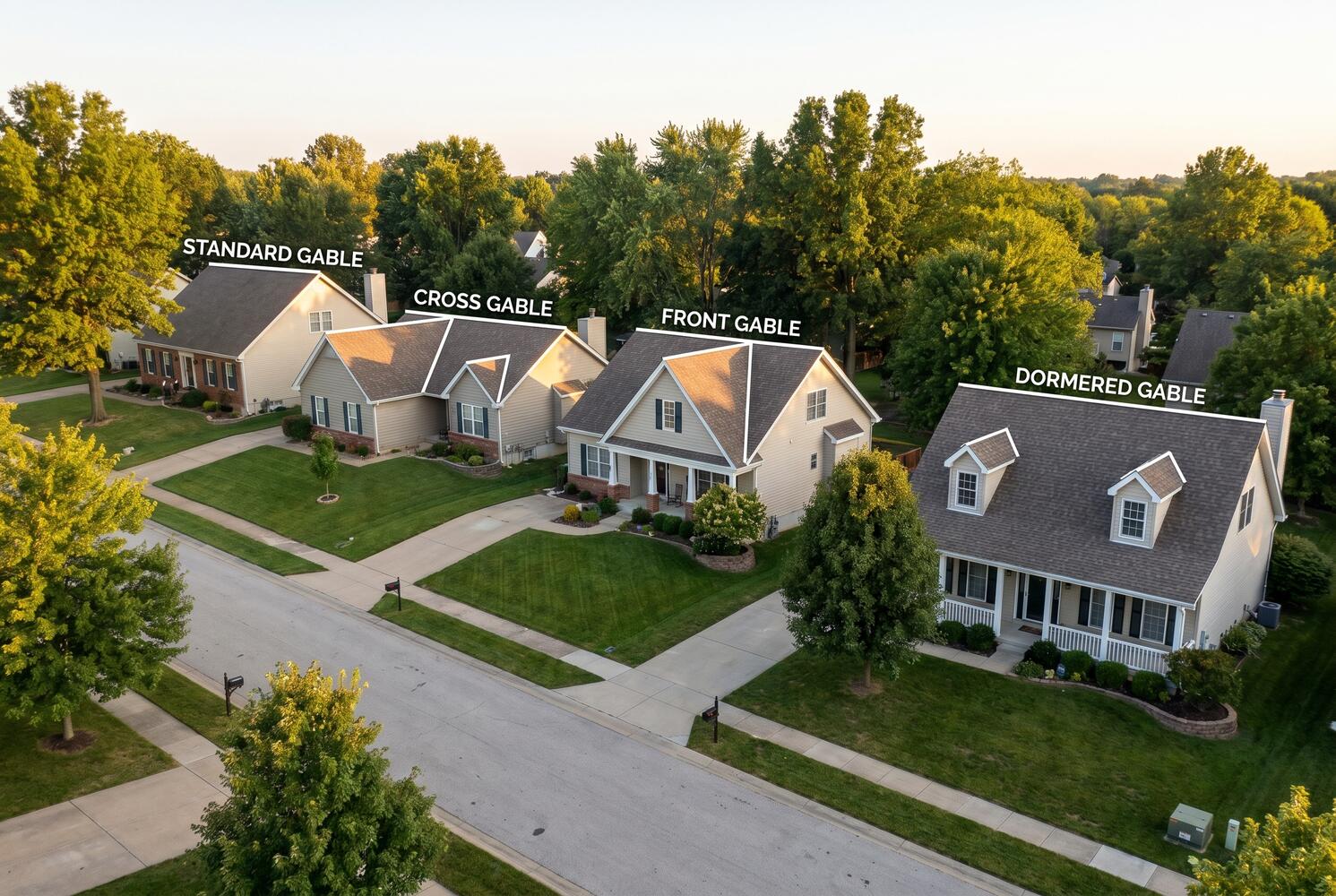 Different gable roof styles on homes in Mid-Missouri neighborhood
