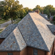 Historic Jefferson City Missouri home with natural slate roof showing gray tones and architectural detail