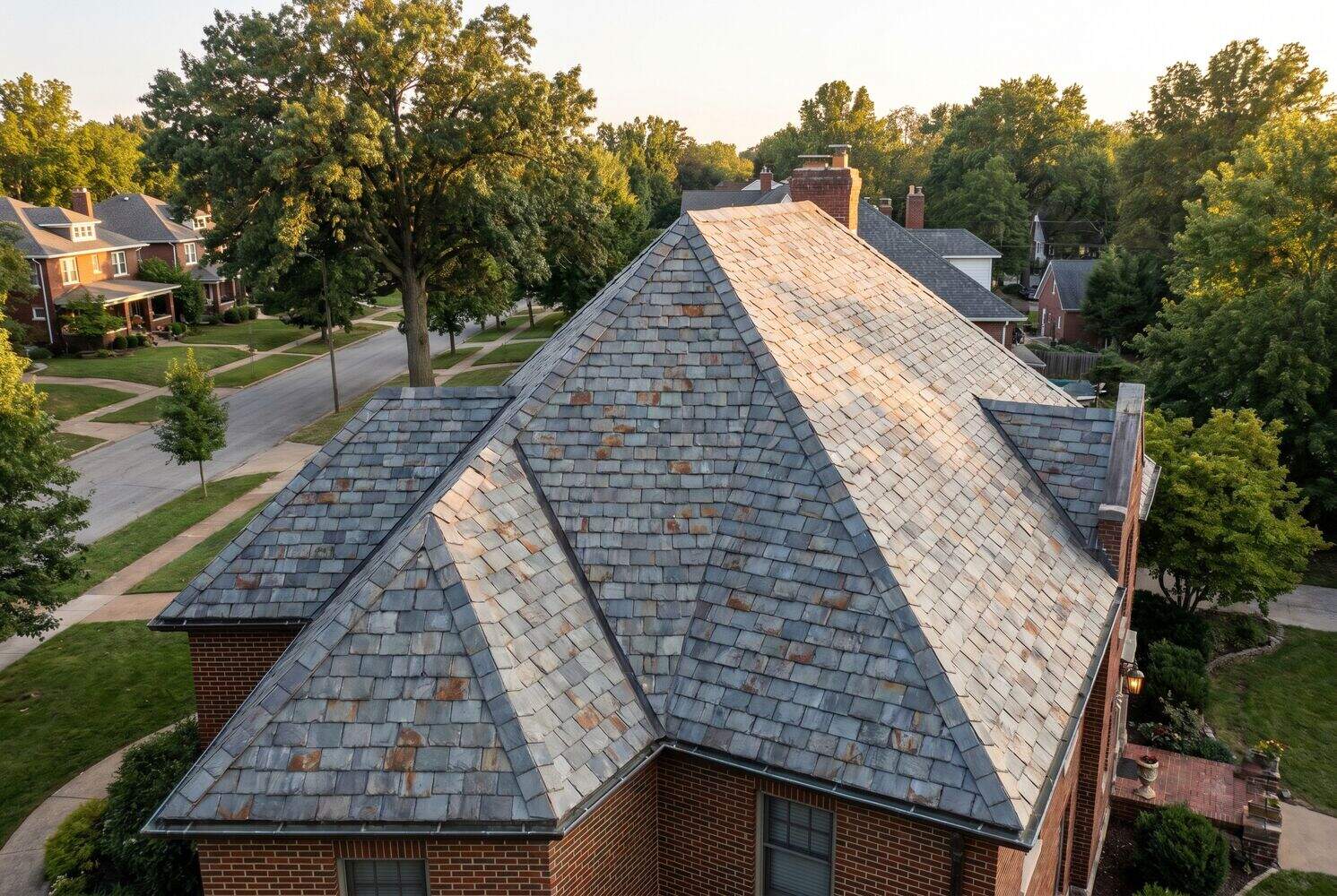 Historic Jefferson City Missouri home with natural slate roof showing gray tones and architectural detail