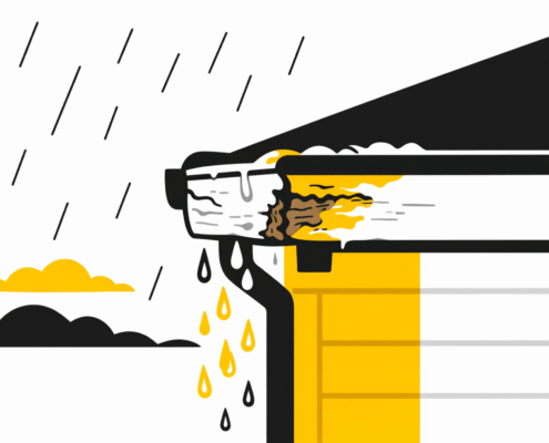 Damaged fascia and gutter attachment showing why a gutter can pull away after heavy rain