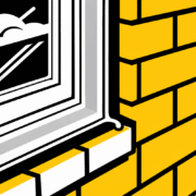 Close technical view of a residential window frame, sash, sill, seal, and surrounding masonry