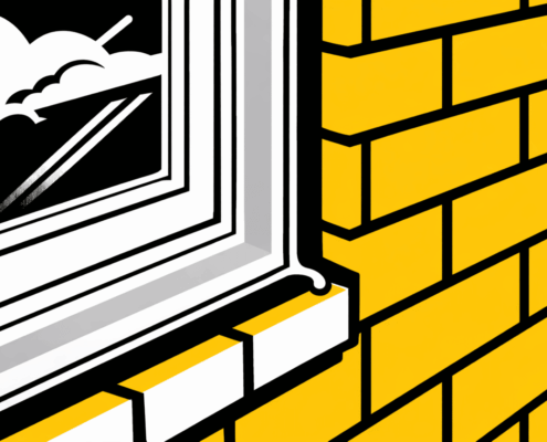Close technical view of a residential window frame, sash, sill, seal, and surrounding masonry