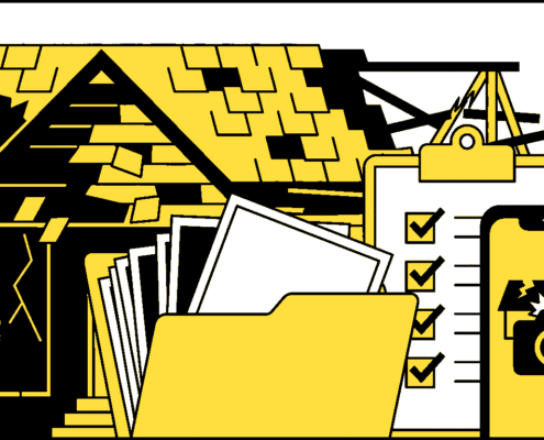 Storm damage photos and paperwork for a roof or exterior claim