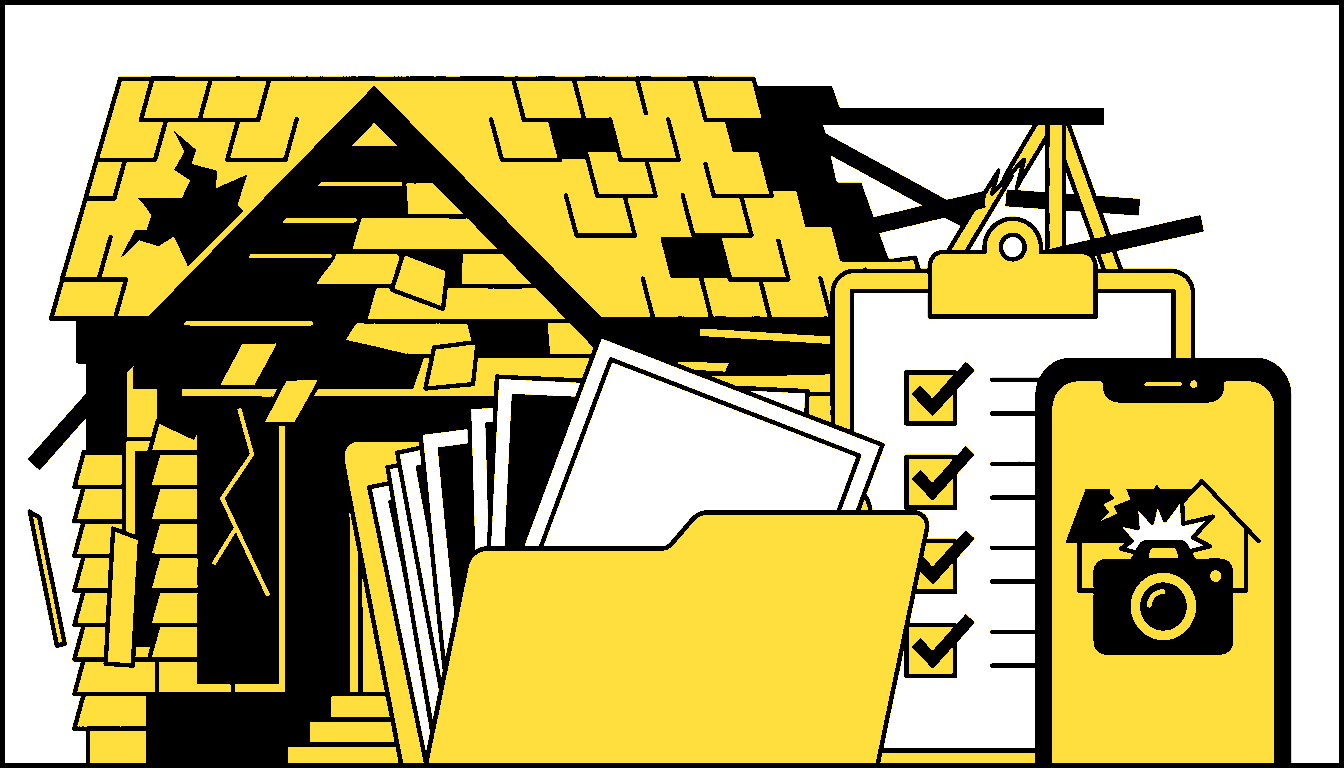 Storm damage photos and paperwork for a roof or exterior claim