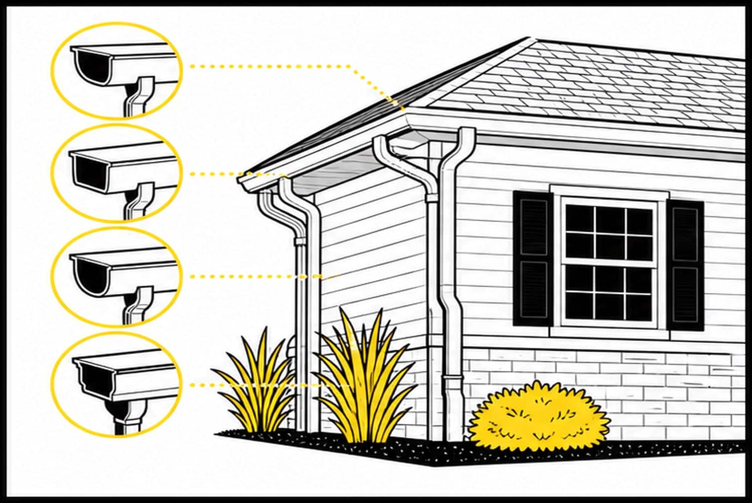 Flat illustration of residential gutter replacement options on a Missouri home