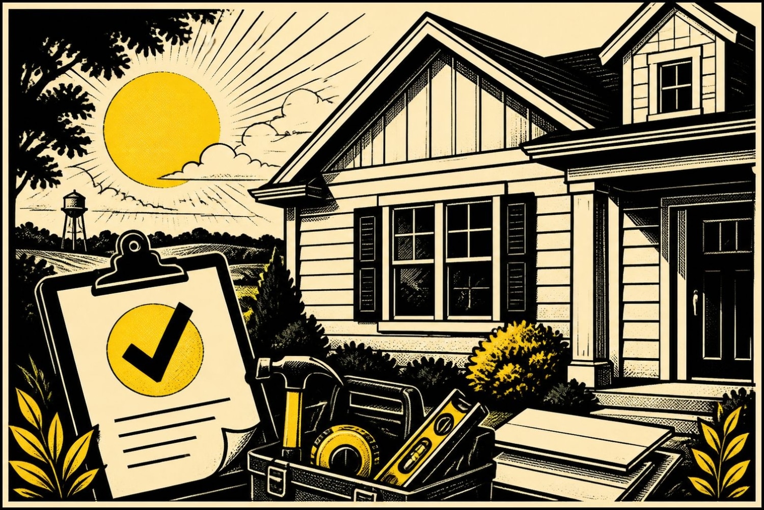 Vintage-style illustration of a well-kept house exterior and siding contractor checklist