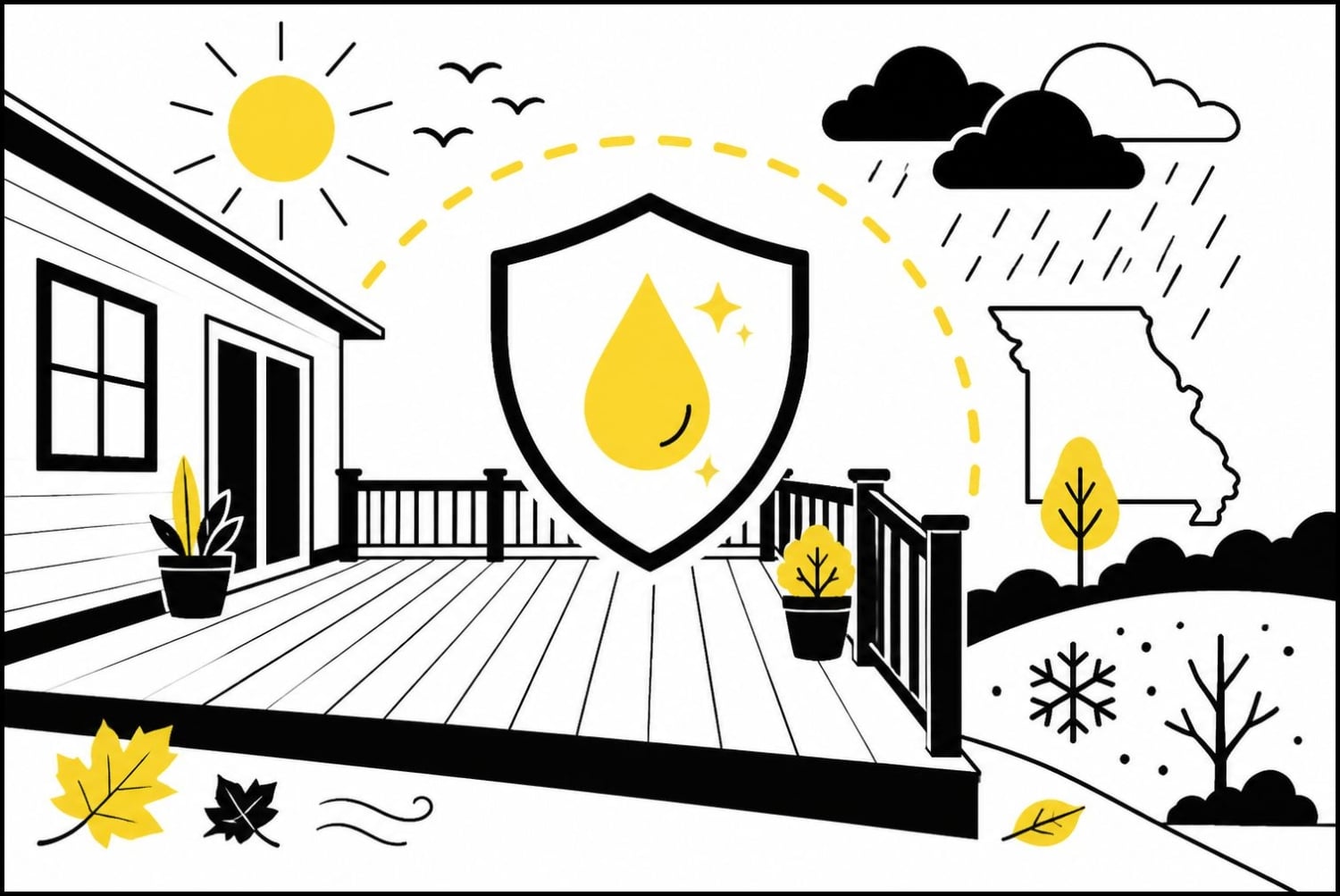 Flat illustration of a protected Missouri deck with seasonal weather elements