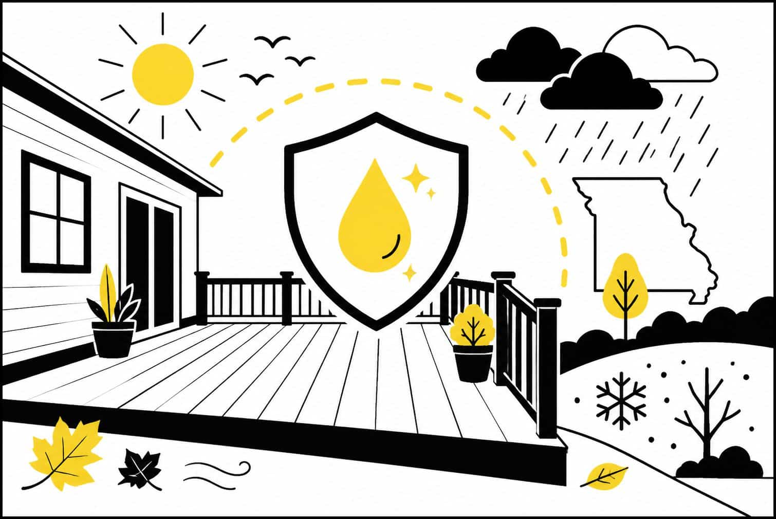 Flat illustration of a protected Missouri deck with seasonal weather elements