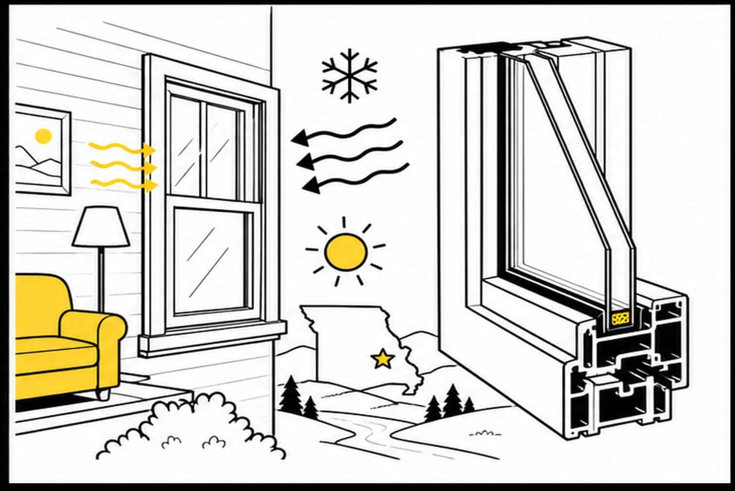Flat illustration of an energy-efficient replacement window for a Missouri home