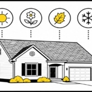 Flat illustration of a Missouri roof replacement through four seasons