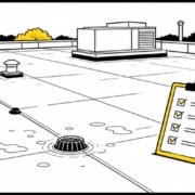 Flat illustration of flat roof maintenance and drainage inspection
