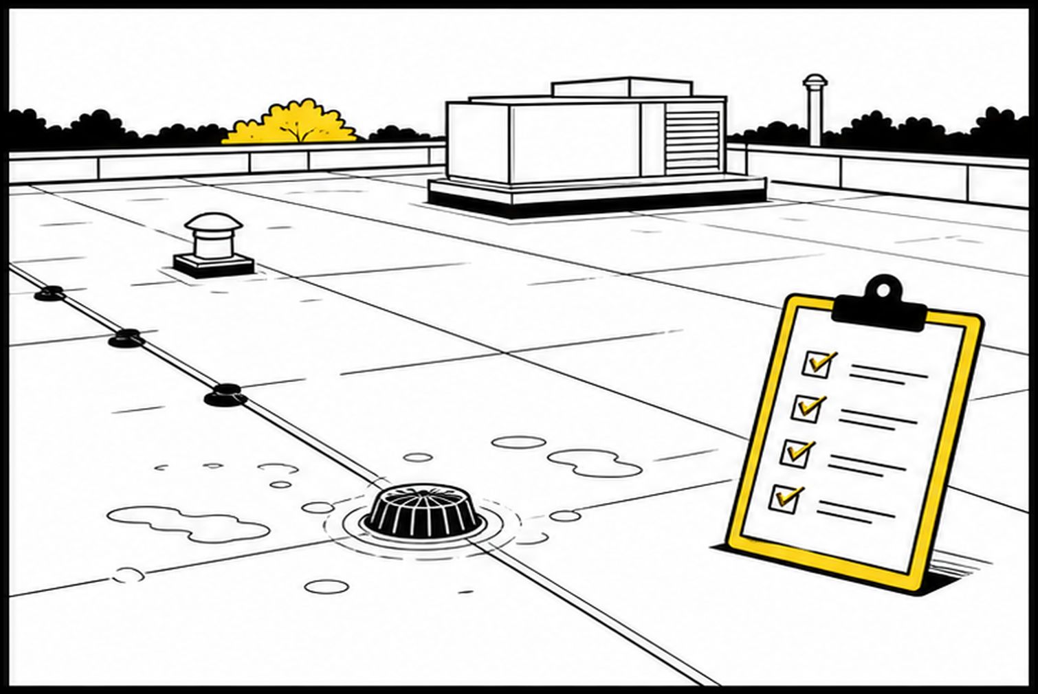 Flat illustration of flat roof maintenance and drainage inspection