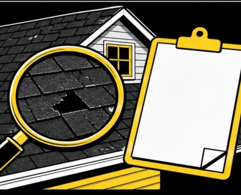 Bold flat illustration of a Missouri roof inspection report