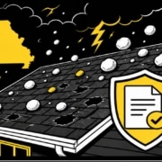 Bold flat illustration of a storm-damaged Missouri roof and insurance claim