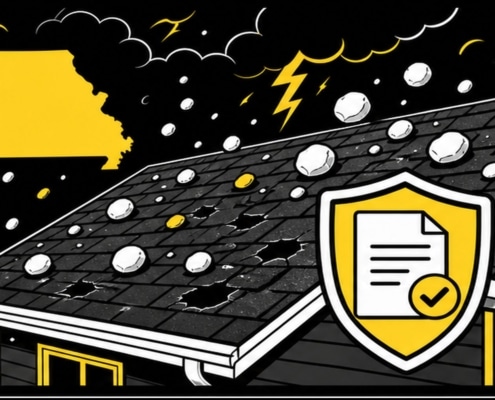 Bold flat illustration of a storm-damaged Missouri roof and insurance claim