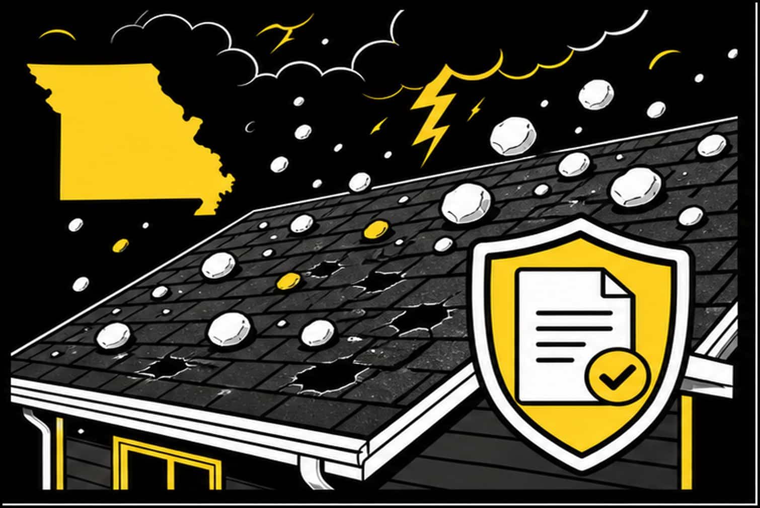 Bold flat illustration of a storm-damaged Missouri roof and insurance claim