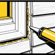 Bold flat illustration of siding caulk gaps around a Missouri home window