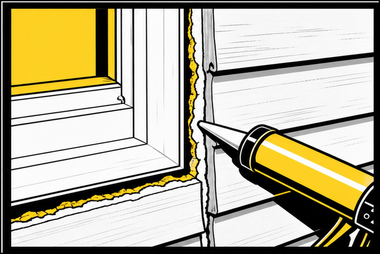 Bold flat illustration of siding caulk gaps around a Missouri home window