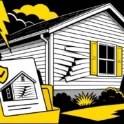 Flat illustration of storm-damaged siding and insurance paperwork for a Missouri home