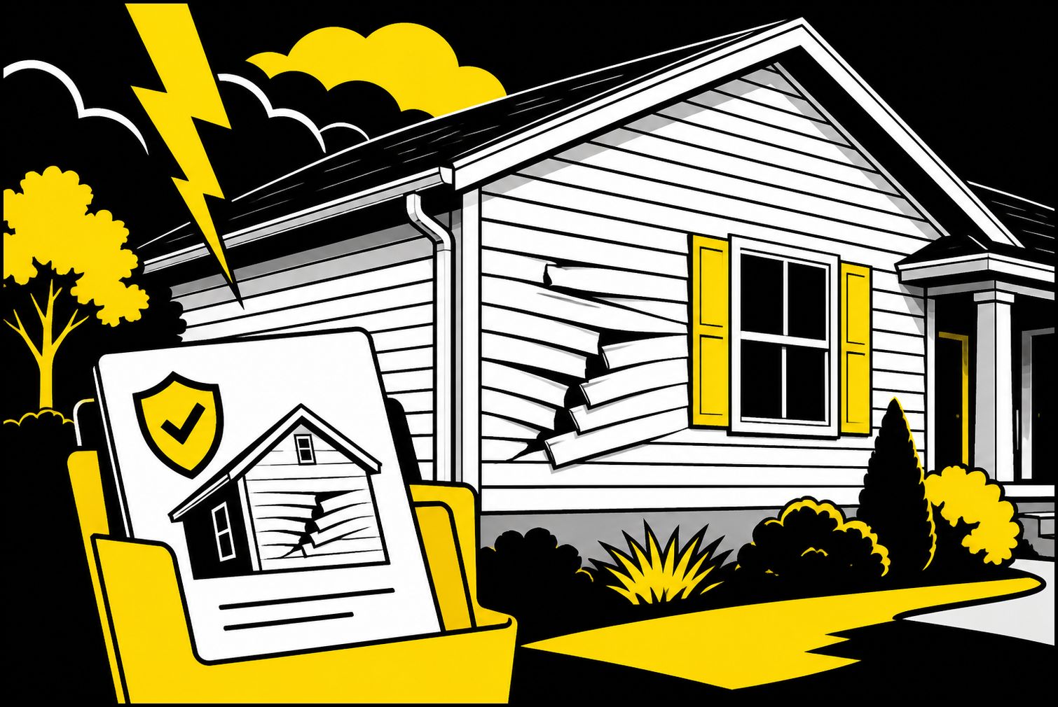 Flat illustration of storm-damaged siding and insurance paperwork for a Missouri home