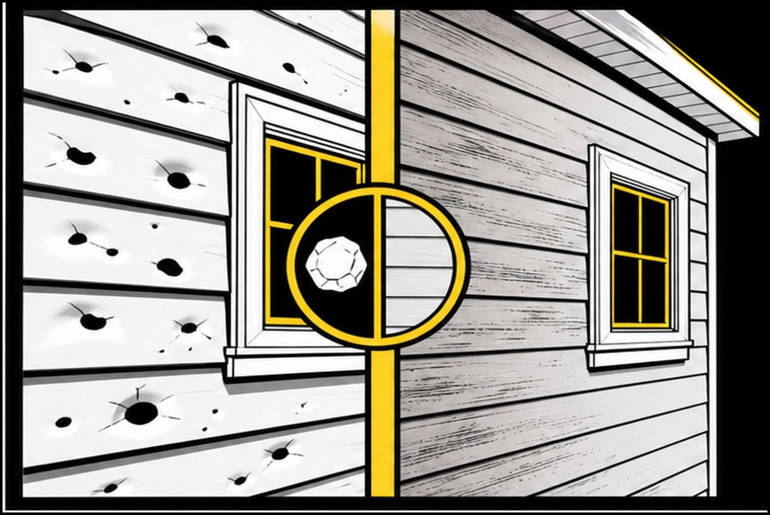 Bold flat illustration comparing hail-damaged vinyl siding and normal weathering
