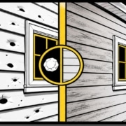 Bold flat illustration comparing hail-damaged vinyl siding and normal weathering