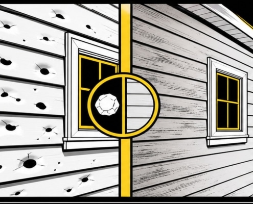 Bold flat illustration comparing hail-damaged vinyl siding and normal weathering