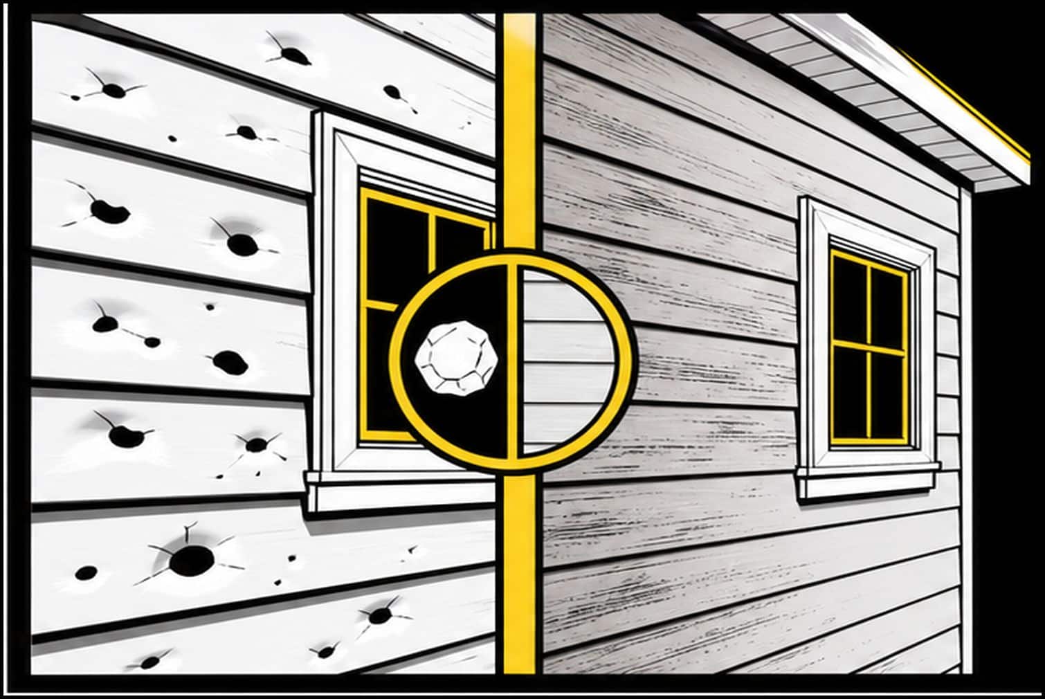 Bold flat illustration comparing hail-damaged vinyl siding and normal weathering