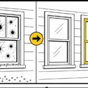 Flat illustration comparing hail-damaged and replacement windows on a Missouri home