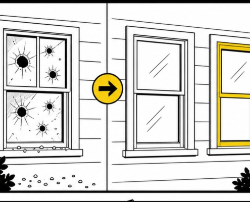 Flat illustration comparing hail-damaged and replacement windows on a Missouri home