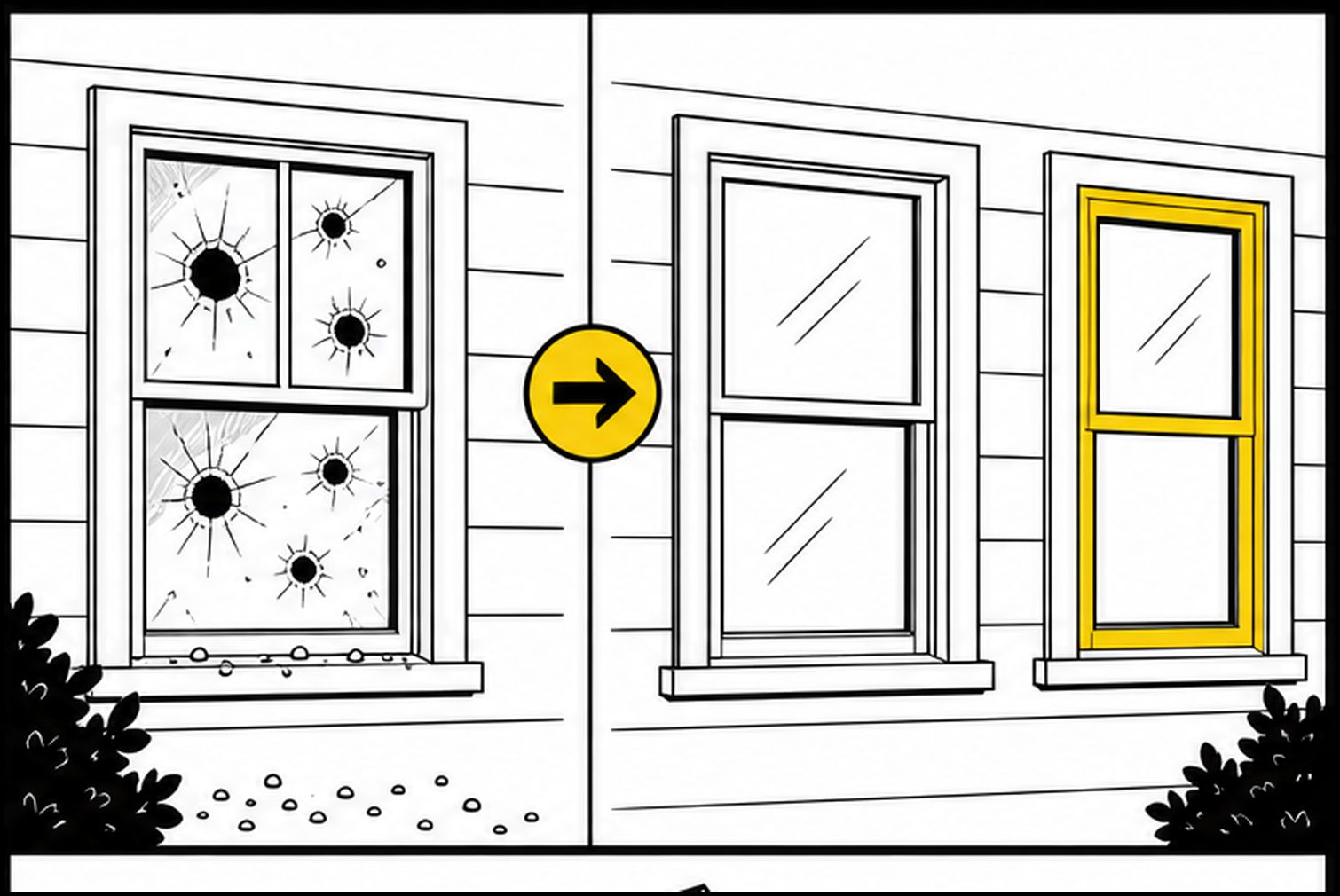 Flat illustration comparing hail-damaged and replacement windows on a Missouri home