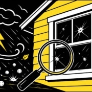 Bold flat illustration of a storm damage window inspection on a Missouri home