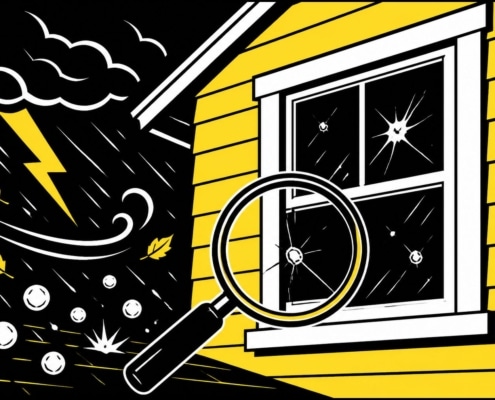Bold flat illustration of a storm damage window inspection on a Missouri home