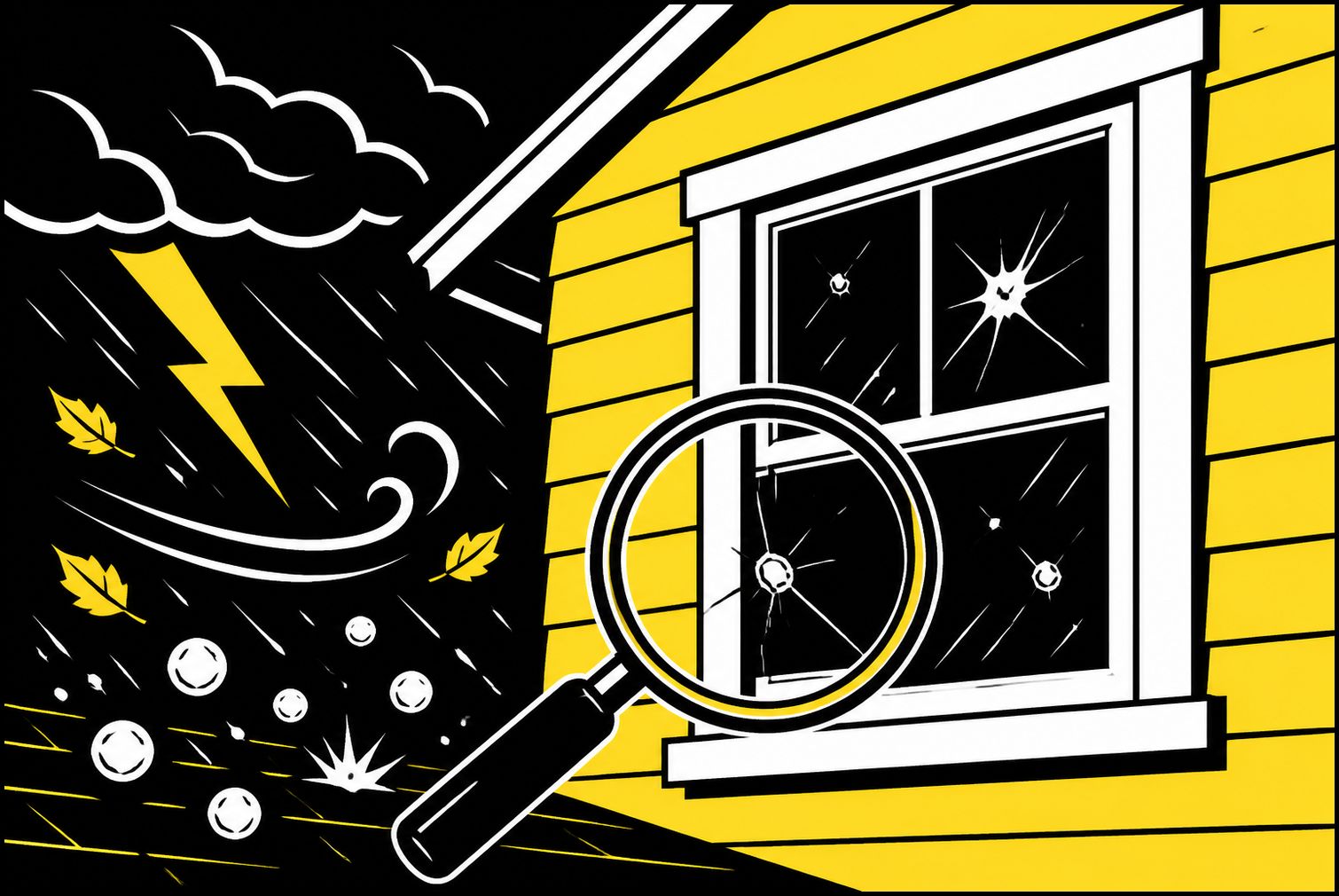 Bold flat illustration of a storm damage window inspection on a Missouri home