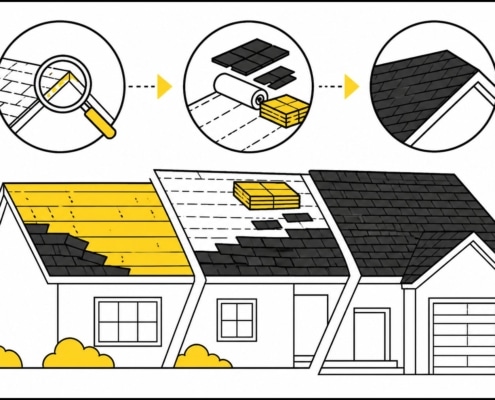 Flat illustration of a Missouri home roof replacement process