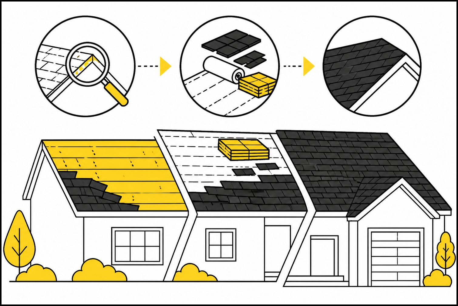 Flat illustration of a Missouri home roof replacement process