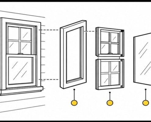 Flat illustration of window frame sash and glass components