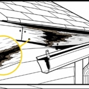 Flat illustration of a gutter pulling away from rotted fascia on a Missouri home