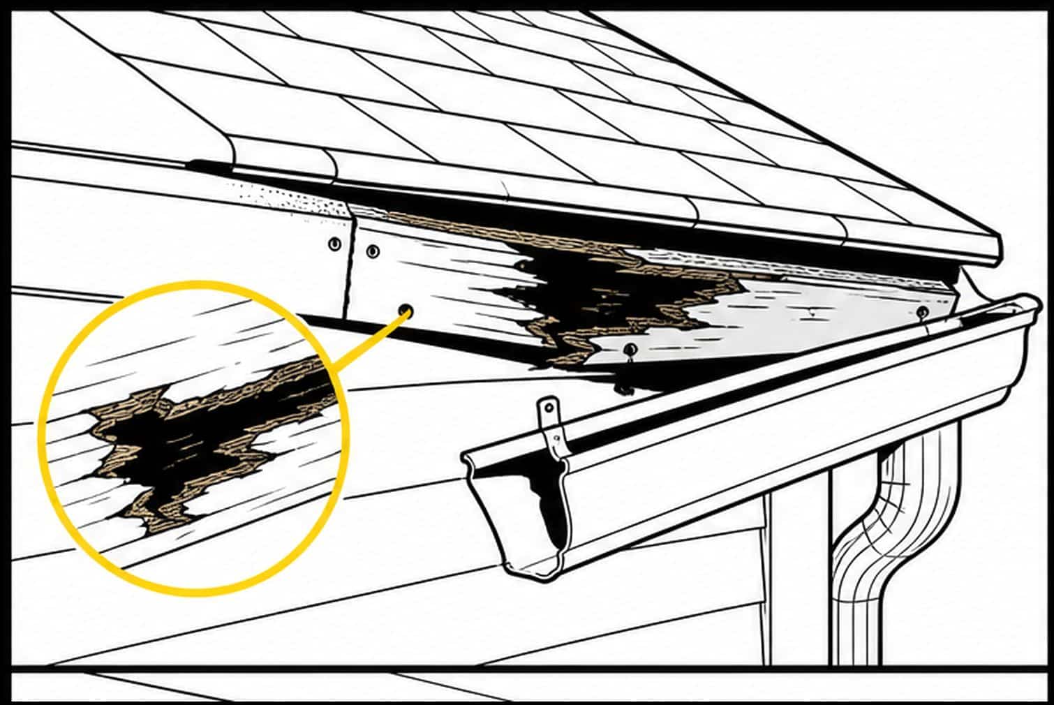 Flat illustration of a gutter pulling away from rotted fascia on a Missouri home