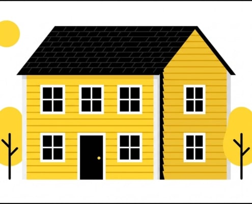 Minimalist flat illustration of a Mid-Missouri home with yellow vinyl siding showing buckling where panels were installed too tightly