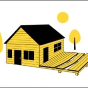 Minimalist flat illustration of a Mid-Missouri home with sagging yellow deck boards after a humid summer