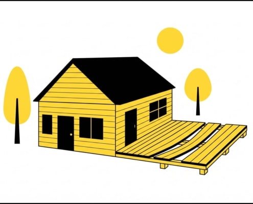 Minimalist flat illustration of a Mid-Missouri home with sagging yellow deck boards after a humid summer