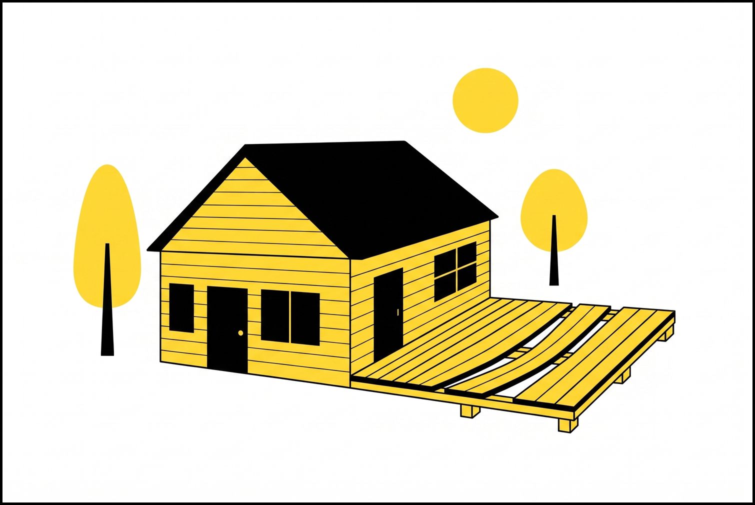 Minimalist flat illustration of a Mid-Missouri home with sagging yellow deck boards after a humid summer