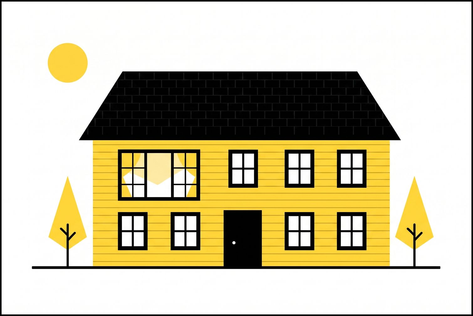 Minimalist flat illustration of a Mid-Missouri home with replacement windows highlighted for winter draft and condensation checks