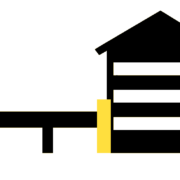 Black, yellow, and white illustration of a deck beside a sided house, highlighting the deck-to-wall connection.