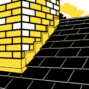 Flat illustration of a brick chimney meeting asphalt shingles with a simple step-flashing line.