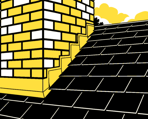 Flat illustration of a brick chimney meeting asphalt shingles with a simple step-flashing line.