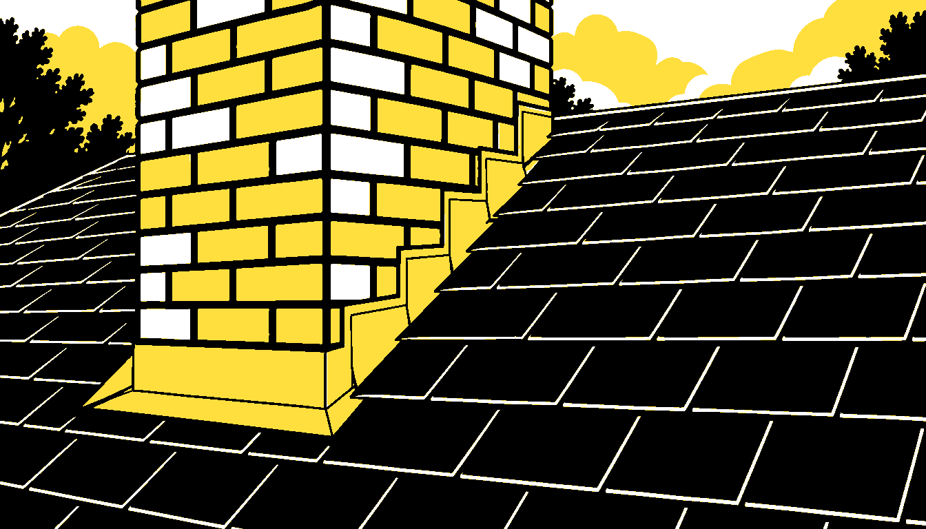 Flat illustration of a brick chimney meeting asphalt shingles with a simple step-flashing line.