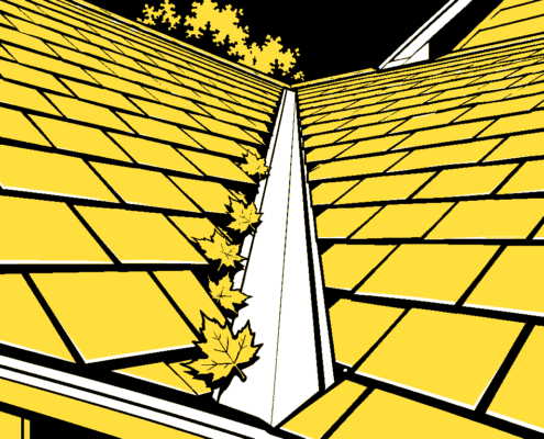 Flat illustration of two roof planes meeting at an open valley with a metal lining and a few leaves.