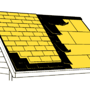 Roof overlay versus tear-off diagram showing layered shingles beside an exposed roof deck on a Mid-Missouri home.